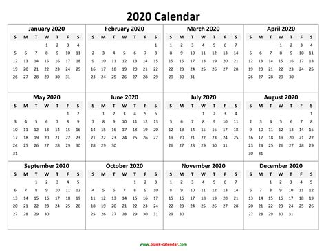 yearly calendar for 2020